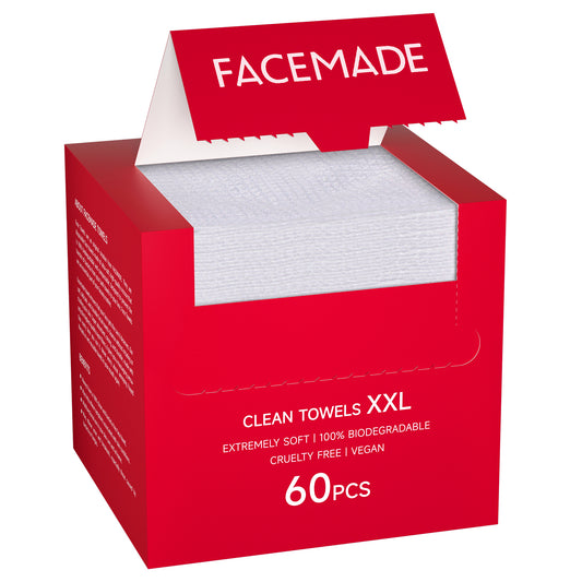 FACEMADE 60 ct Face Towels XXL, USDA Certified 100% Biobased Clean Towels, Disposable Face Towelettes, Ultra Soft Makeup Remover Dry Wipes, Facial Washcloth, Red